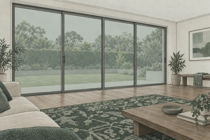 Illustration of a family room at the back of a house: stacker doors onto a garden with filmed glass, and timber floorboards and a patterned rug evenly coloured, with no faded stripe.