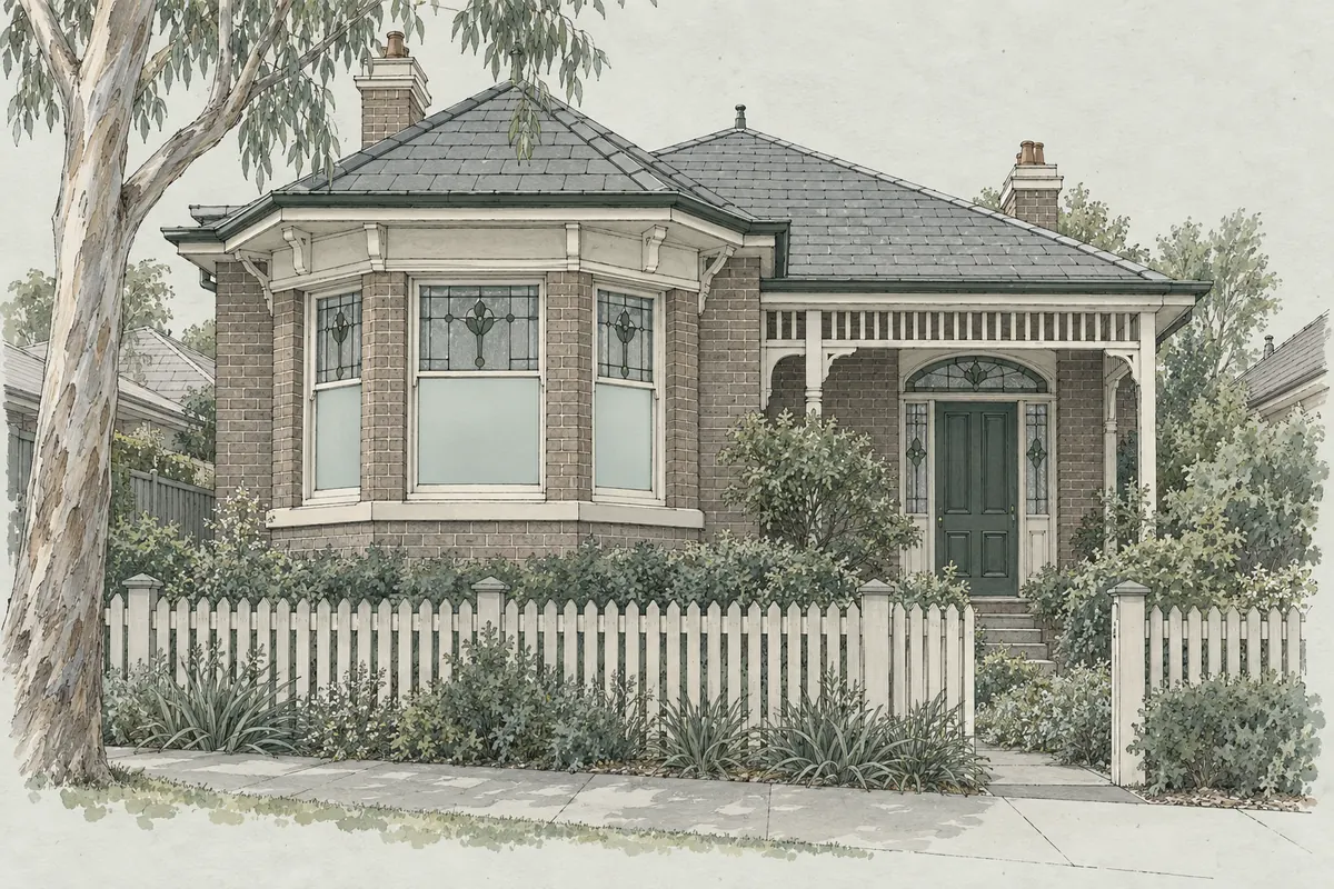 Illustration of a Federation house front from the footpath: the lower bay window sashes frosted with privacy film, the leadlight top lights, sidelights and fanlight left unfilmed.