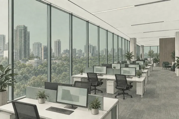 Illustration of an open-plan office floor with a tinted glass curtain wall, rows of desks with clear screens, and other towers and trees outside.