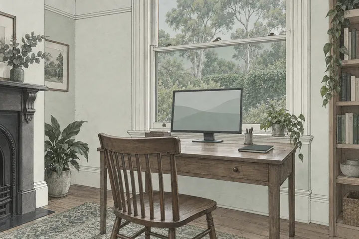 Illustration of a home study: a desk and monitor under a sash window onto the garden, the glass filmed and the screen clear, with no glare patch.