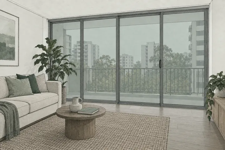 Illustration of an apartment living room with a wall of balcony doors, the glass evenly tinted with film, a sofa and rug in soft even light and other towers beyond.